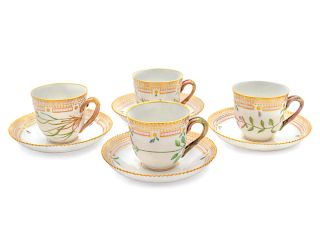 A Group of Four Royal Copenhagen Flora Danica Teacups and Saucers
Saucer diameter 5 3/8 inches, teacup height 2 5/8 inches.