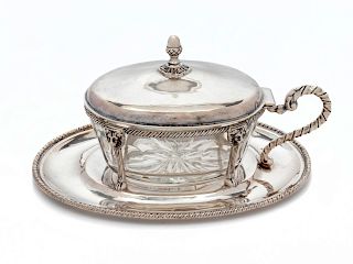 An Italian Silver and Cut Glass Sardine Bowl
Height 4 1/2 x width 8 x depth 6 inches.