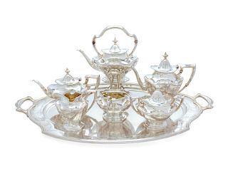 An American Seven-Piece Silver Tea and Coffee Service
Length of tray 31 inches.