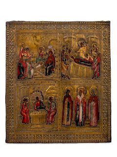 A Russian Quatrepartite Icon Depicting The Life of the Virgin
12 1/2 x 14 1/4 inches.
