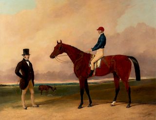 Attributed to Harry Hall
(British, 1815-1882)
Jockey on Horseback with a Standing Gentleman on Newmarket Heath