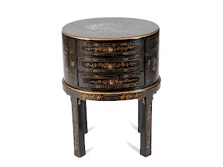 A Chinese Black Lacquer Oval Chest on Stand
Height 27 x width 20 x depth 15 inches.