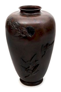 A Japanese Bronze with Silver Inlay Monumental Vase