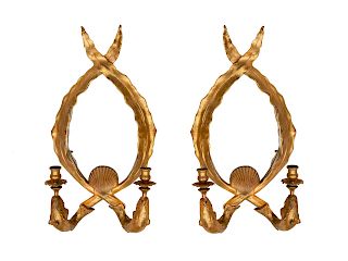 A Pair of Whimsical Mirrored Gilt Wall Sconces
Height 22 1/2 x width 12 x depth 6 inches.