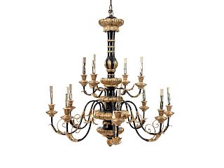 A Black and Gilt Painted Metal Twelve-Light Chandelier
Height 33 x diameter 34 inches.
