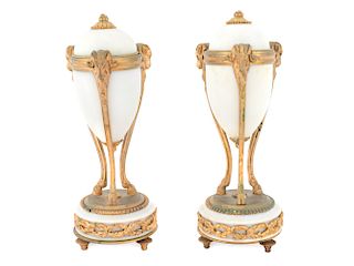 A Pair of Louis XVI Style Gilt Bronze Mounted Alabaster CassolettesHeight 7 3/4 inches.