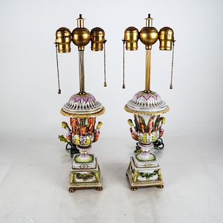 Pair 19th C. Crown Naples Porcelain Lamps