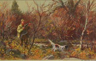 Aiden Lassell Ripley (American, 1896-1969)      Hunter and Dog in Autumn Woods.