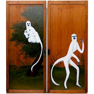 Pair of Japanese wooden doors with painted lemurs.
