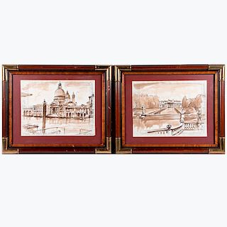 Two wash sketches of Venice on Gritti Palace Hotel stationary signed lower right: James L. Callahan. Mid 20th century.