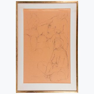 Graphite on paper study of three nudes signed Haliman lower left.