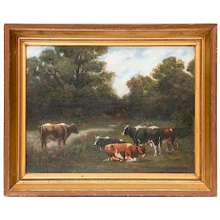 A pastoral oil on board landscape signed R. F. Merrill and dated 1910.