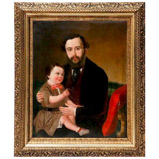 A 19th century oil on canvas portrait of a father and child.