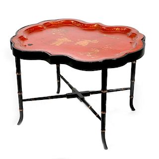 19th century tole tray on stand.