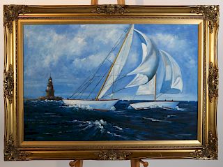 K. HILLMAN:  Ships on the Ocean - Oil on Canvas