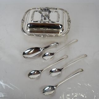 Silver Plate Covered Serving Dish & 5 Spoons