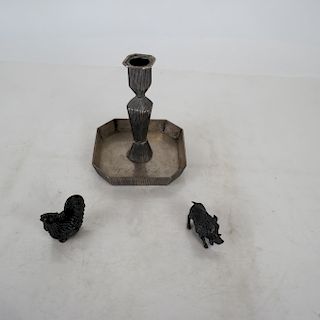 A Silver Plate Candlestick, & Two Bronze Figurines