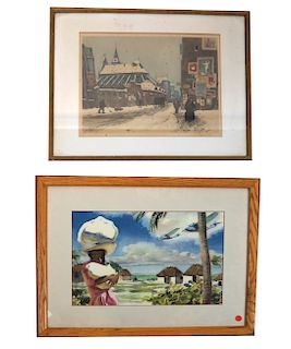 Two Prints: Street Scene & Island with Figures