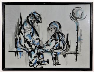 Modernist Checker Playing Man and Girl Painting