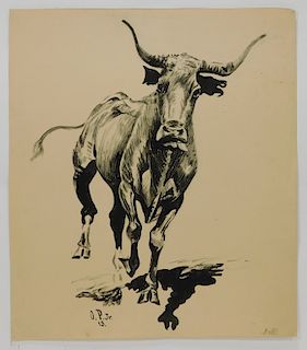Otto Plaug Jr Western Prized Bull Ink & WC Drawing