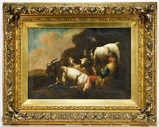 18C European Old Master Boy and Goats O/C Painting