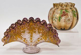 2PC Moser Enameled Bohemian Art Glass Vases