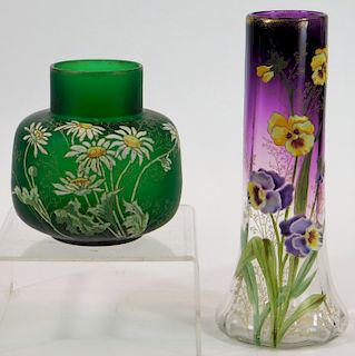 2PC Victorian Enameled Flowers Art Glass Vases