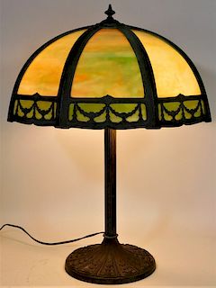 American Spelter Green and Orange Slag Glass Lamp