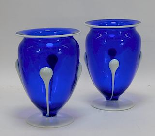 PR Blue & White Bohemian Tadpole Art Glass Vases