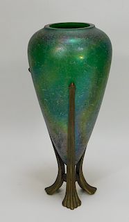Iridescent Green Bohemian Art Glass Vase in Holder