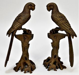 Patinated Bronze Opposing Parrots Sculptures