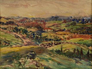 Leighton R. Cram (American, 1895-1981)      Landscape with Hills and House.