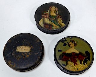 3 Antique European Painted Lady Snuff Boxes