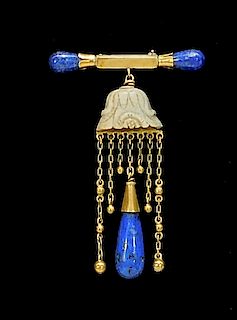 Chinese Qing Dynasty Gold Lapis and Stone Brooch