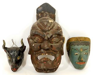 3PC Japanese Figural Carved Wood Mask Grouping