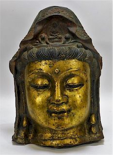 Chinese Gilt Cast Iron Buddha Head Statue