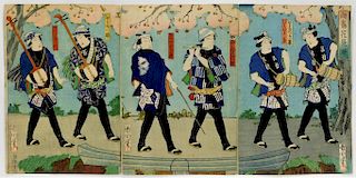Japanese Parading Musicians Woodblock Triptych
