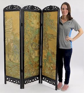 19C. Chinese 3 Panel Hand Painted Screen