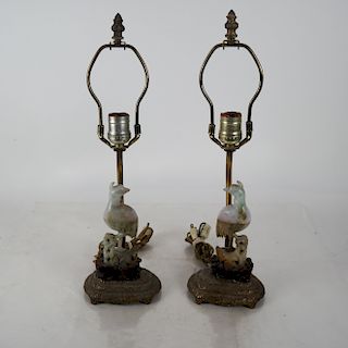 Pair Chinese Jade Bird-Form Lamps
