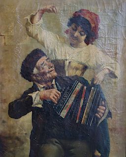 UNSIGNED. Oil On Canvas. Man Playing Accordion.