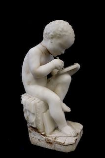 UNSIGNED Marble Sculpture Of A Young Boy Writing.