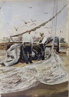 Nat Hayman. Signed Watercolor Fishing Scene