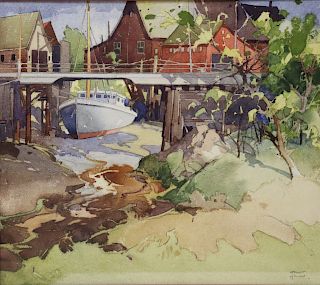 Garnet Hazard. Signed Watercolor Yacht and Bridge.