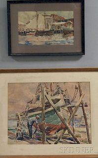 Lars Thorsen (American, 1877-1952)      Two Framed Watercolors:  Painting the Hull