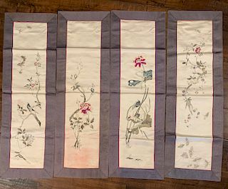 Set of 4 Embroidered Silk Panels, Qing Dynasty