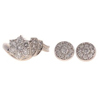 A Pair of Platinum Diamond Earrings & Floral Ring