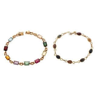A Pair of Ladies Gemstone Link Bracelets in 14K
