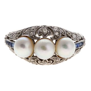 A Filigree Pearl, Diamond & Sapphire Ring in 14K