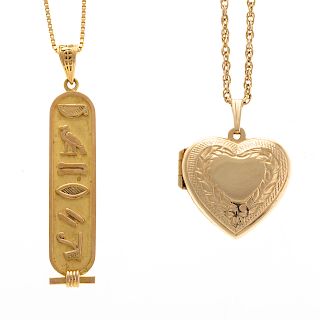 A Cartouche & Heart Locket with Chains in Gold