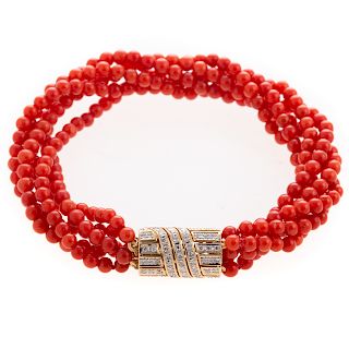 A Ladies Coral Bracelet with Diamond Clasp in 14K
